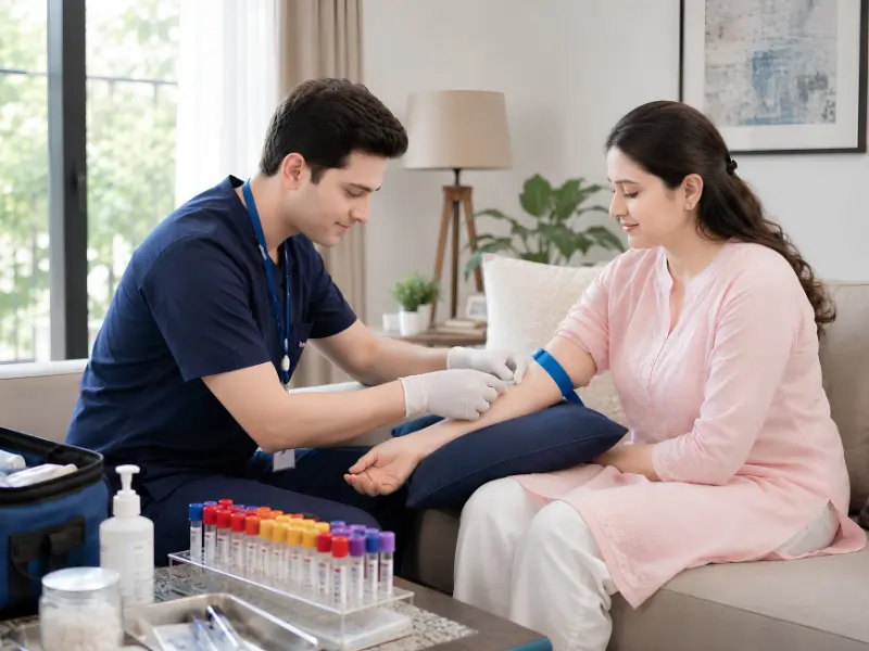 Diagnostic at Home service in Mumbai with lab technician collecting blood sample at patient home
