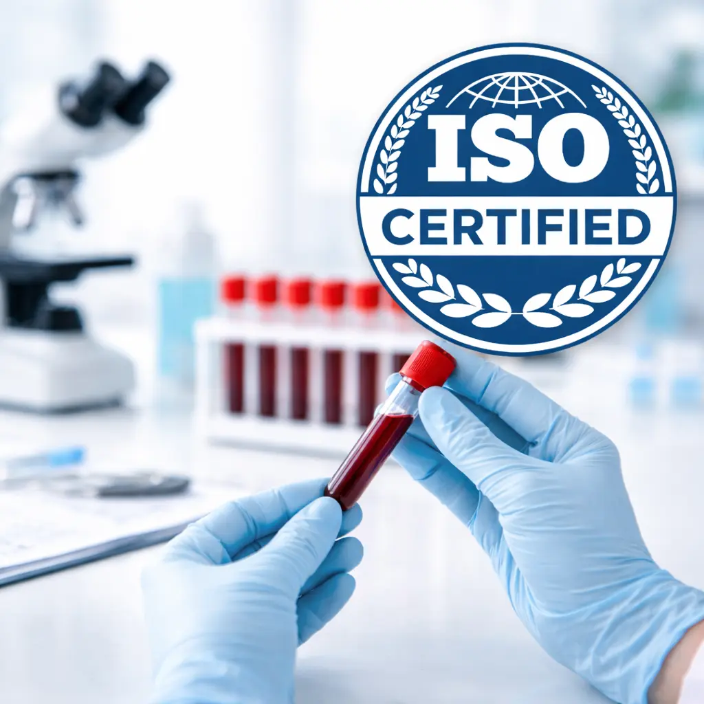 Professional phlebotomist collecting blood sample at home